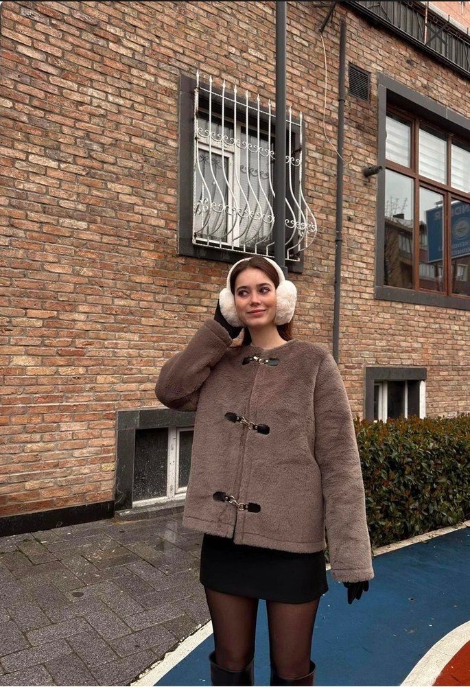 Kürklü peluş Kahverengi Kadın Ceket - Görsel 2