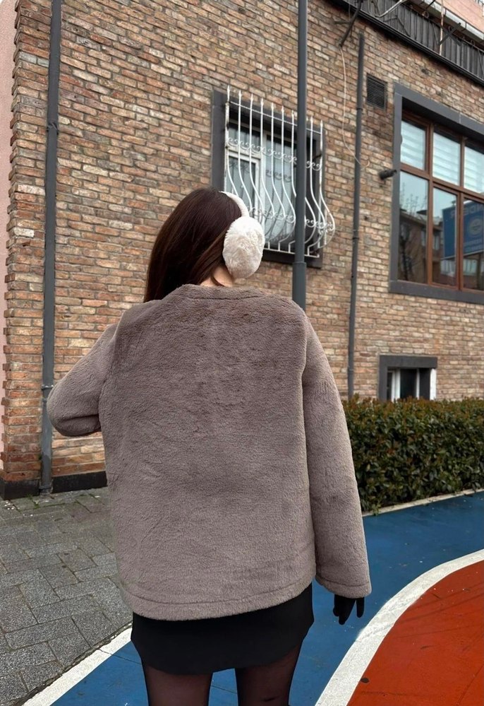 Kürklü peluş Kahverengi Kadın Ceket - Görsel 3