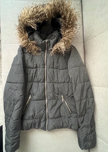 H&M Gri Kadın Kışlık Mont Kürklü Kapüşonlu - Görsel 4