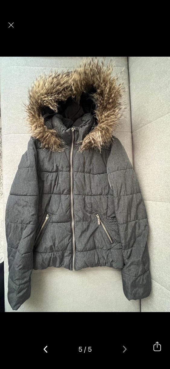 H&M Gri Kadın Kışlık Mont Kürklü Kapüşonlu - Görsel 4