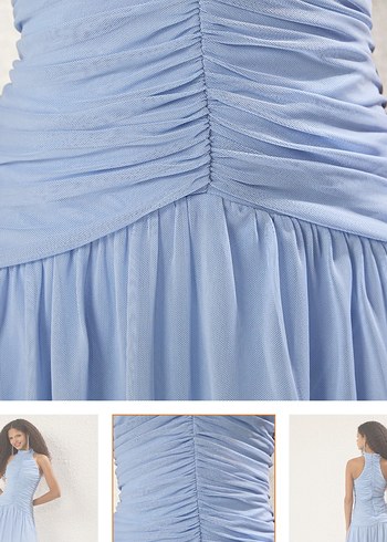 Mavi Drapeli Midi Straplez Elbise - Görsel 3