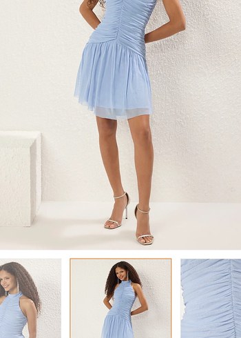 Mavi Drapeli Midi Straplez Elbise - Görsel 2