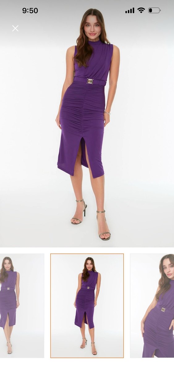 Mor Drapeli V Yaka Mini Elbise - Görsel 2