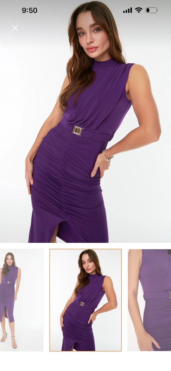 Mor Drapeli V Yaka Mini Elbise - Görsel 3