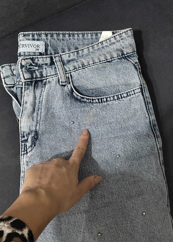 38 Beden Nakışlı Düğmeli Gri Kadın Denim Pantolon