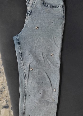 Diğer Nakışlı Düğmeli Gri Kadın Denim Pantolon