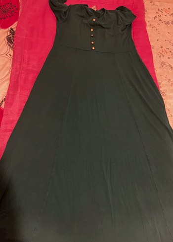 Düğmeli Koyu Yeşil Uzun Kollu Kadın Elbise - Görsel 3