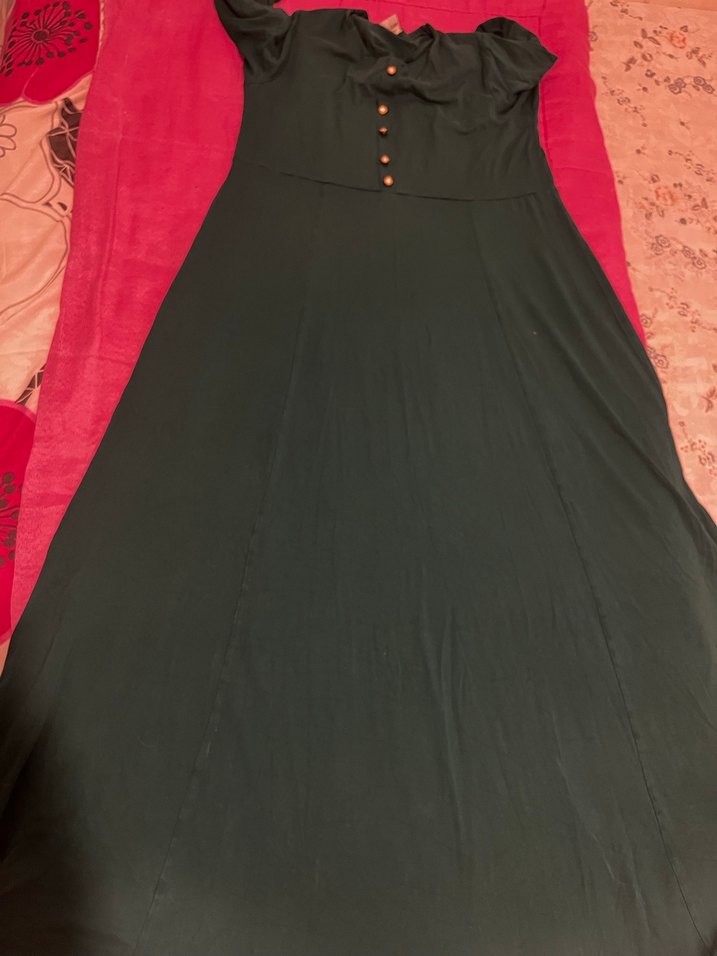 Düğmeli Koyu Yeşil Uzun Kollu Kadın Elbise - Görsel 4