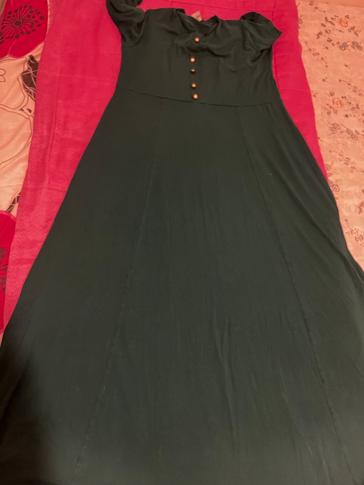 Düğmeli Koyu Yeşil Uzun Kollu Kadın Elbise - Görsel 3