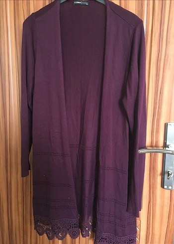 Uzun Mor Kadın Hırka Dantel Detaylı - Görsel 2