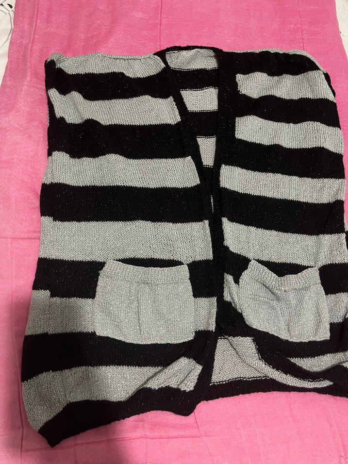 Gri Siyah Çizgili Kadın Triko Hırka - Görsel 5