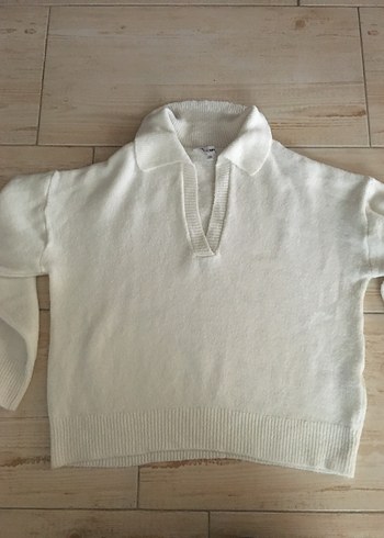 Beyaz Yakalı Uzun Kollu Örgü Kadın Kazak - Görsel 3