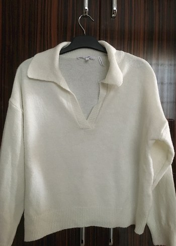 Beyaz Yakalı Uzun Kollu Örgü Kadın Kazak - Görsel 2