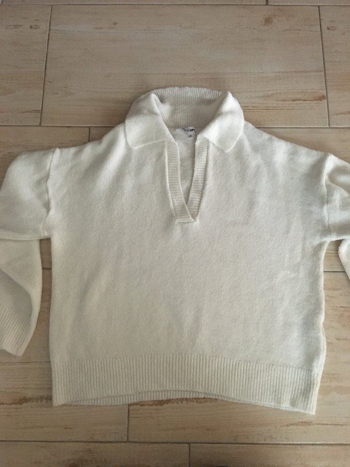 Beyaz Yakalı Uzun Kollu Örgü Kadın Kazak - Görsel 3