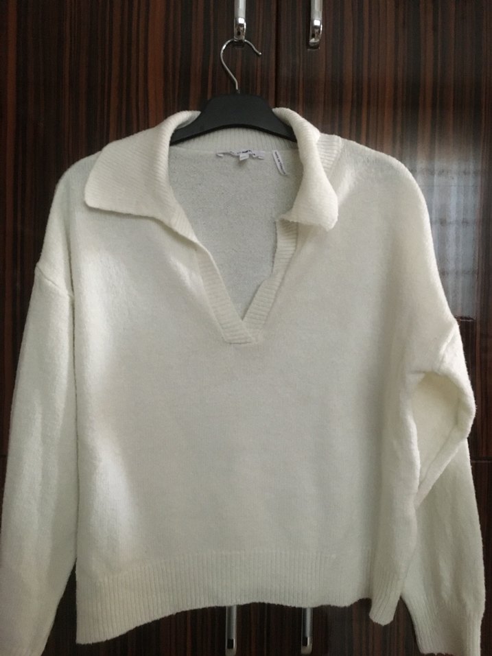 Beyaz Yakalı Uzun Kollu Örgü Kadın Kazak - Görsel 2