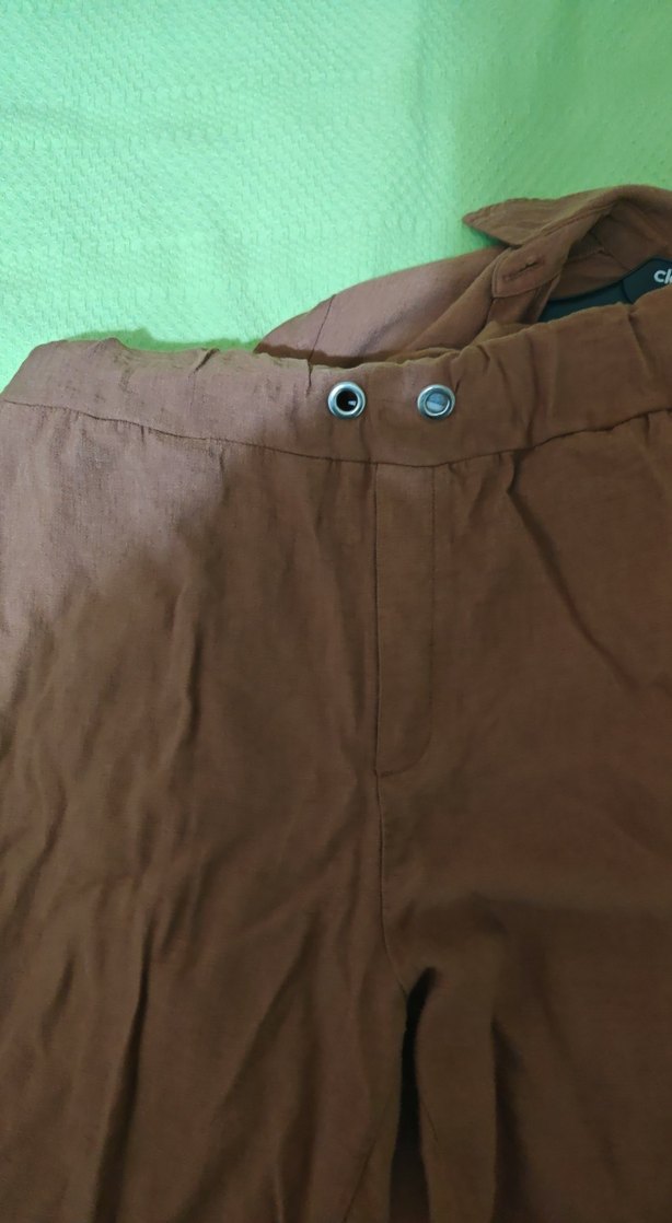 Bej Uzun Kollu Keten Kadın Gömlek pantolon - Görsel 5