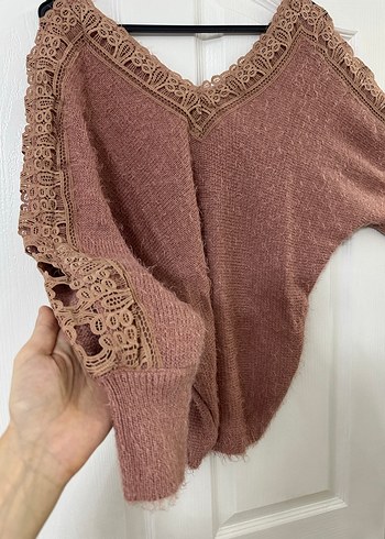 V Yaka Bej Örgü Kırçıllı Bohem Kazak - Görsel 2