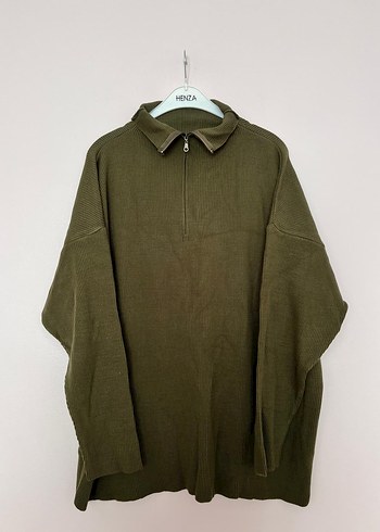 Zara Haki Yarım Fermuarlı Uzun Kollu Keten Sweatshirt