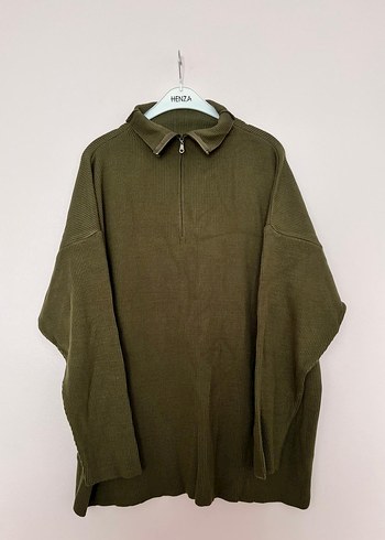 Haki Yarım Fermuarlı Uzun Kollu Keten Sweatshirt