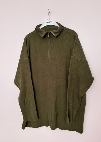 l Beden haki Renk Haki Yarım Fermuarlı Uzun Kollu Keten Sweatshirt