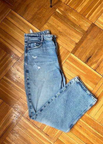 Zara Kadın Gri Mavi Batik Desenli Bol Kesim Kot Pantolon