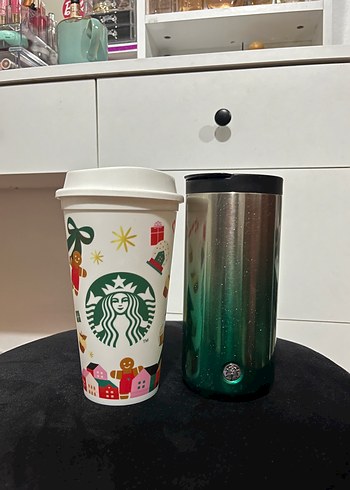 Starbucks yeşil metal termos ve desenli kupa - Görsel 2