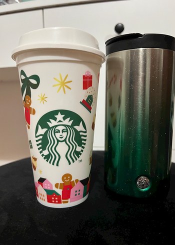 Starbucks yeşil metal termos ve desenli kupa - Görsel 3