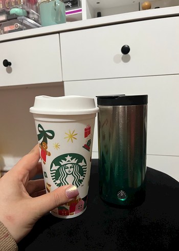 Starbucks yeşil metal termos ve desenli kupa - Görsel 7