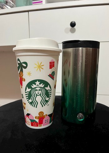 Starbucks yeşil metal termos ve desenli kupa - Görsel 4