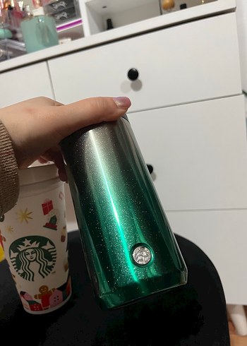 Starbucks yeşil metal termos ve desenli kupa - Görsel 8
