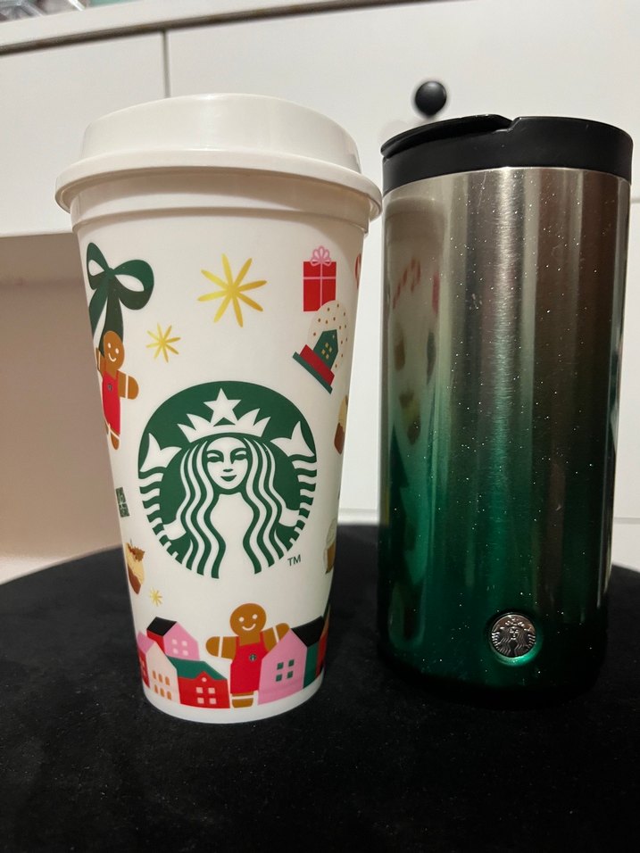 Starbucks yeşil metal termos ve desenli kupa - Görsel 3