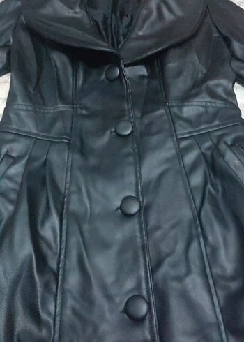 Kadın Siyah Deri Kemerli Uzun ceket - Görsel 7