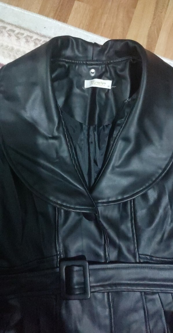 Kadın Siyah Deri Kemerli Uzun ceket - Görsel 5