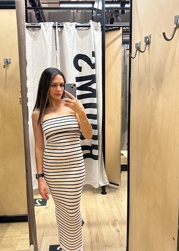 Bershka Çizgili Beyaz Straplez Uzun Elbise