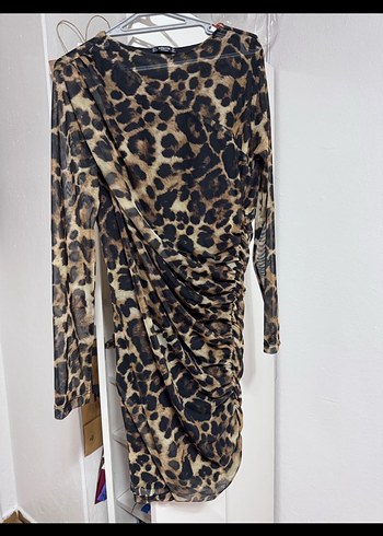 Leopar Desenli Uzun Kollu Drapeli Mini Elbise - Görsel 2