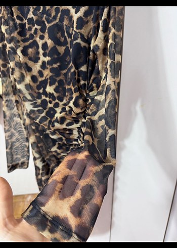 Leopar Desenli Uzun Kollu Drapeli Mini Elbise - Görsel 3