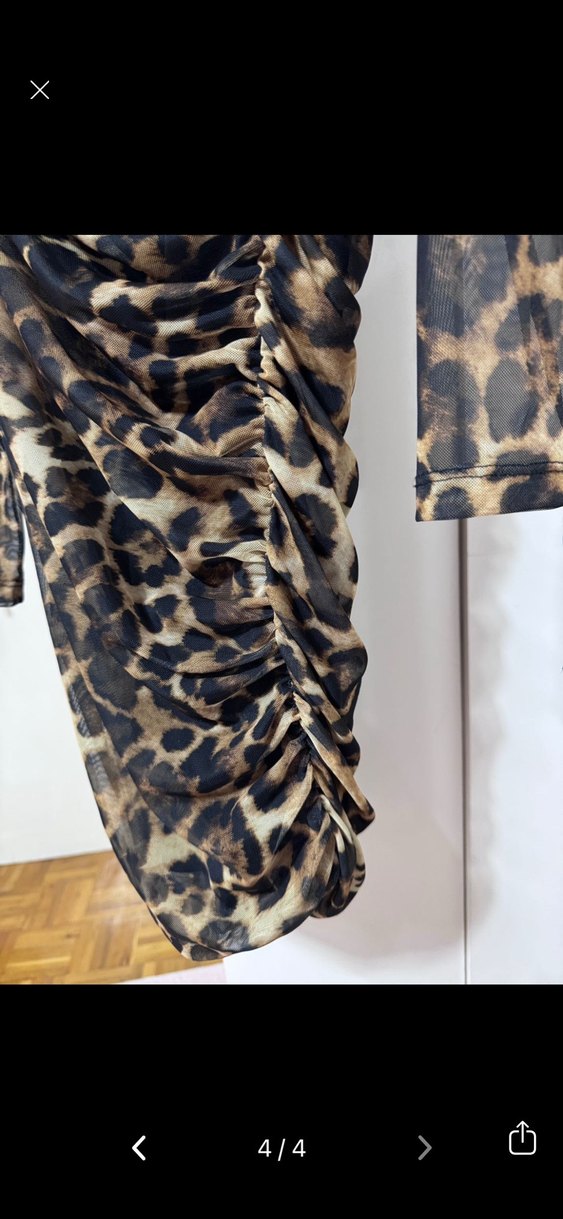 Leopar Desenli Uzun Kollu Drapeli Mini Elbise - Görsel 4