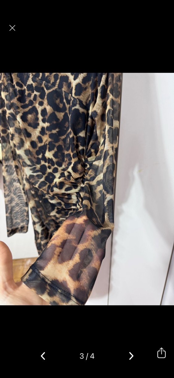 Leopar Desenli Uzun Kollu Drapeli Mini Elbise - Görsel 3