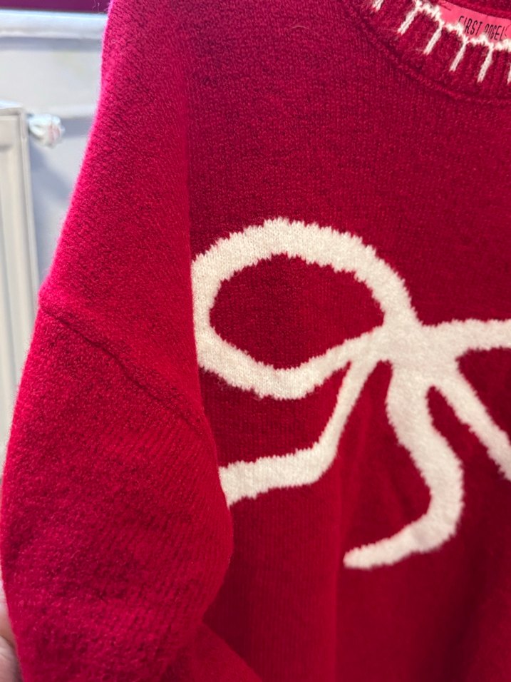 Kadın Kırmızı Fiyonk Desenli Oversize Triko Kazak - Görsel 3