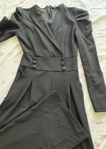 Düğmeli Siyah Kadın Kumaş Tulum - Görsel 2