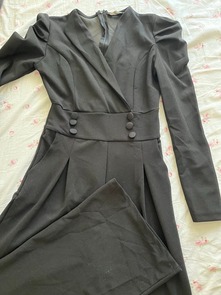 Düğmeli Siyah Kadın Kumaş Tulum - Görsel 2