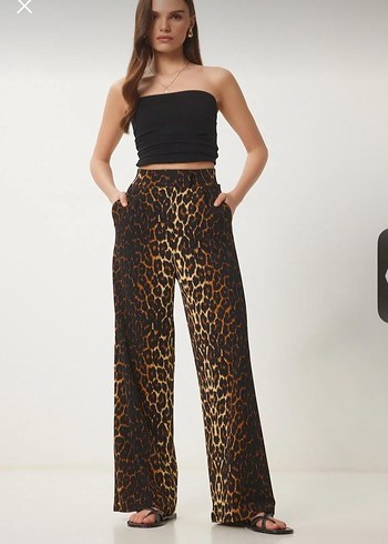 m Beden Leopar Desenli Bol Kesim Kadın Pantolon