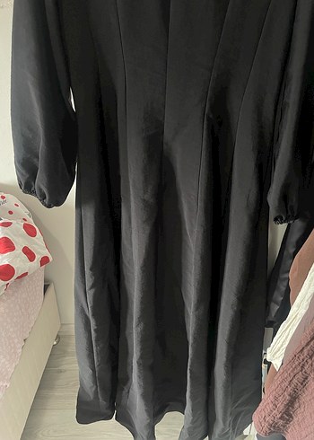 Drapeli Siyah Uzun Keten Elbise - Görsel 4