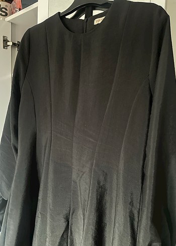 Drapeli Siyah Uzun Keten Elbise - Görsel 3