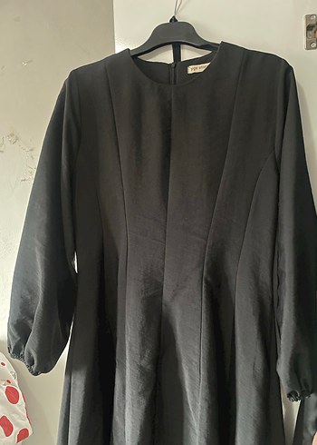 Drapeli Siyah Uzun Keten Elbise - Görsel 2