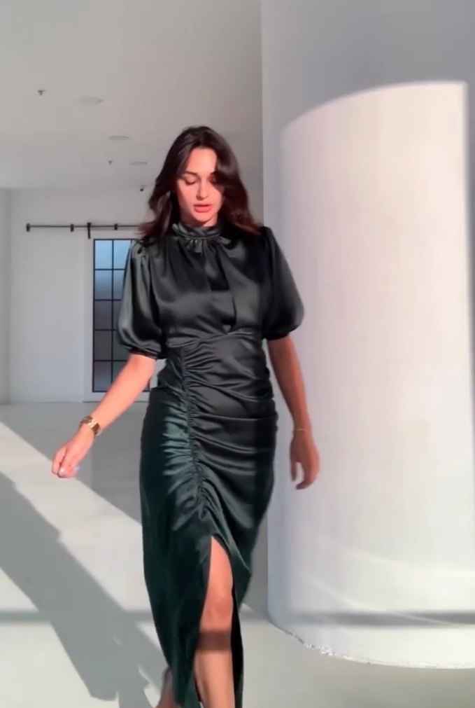 Parlak Haki Mini Drapeli Kadın Elbise - Görsel 2