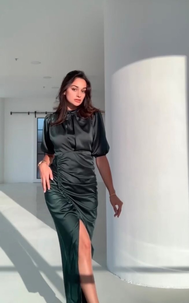 Parlak Haki Mini Drapeli Kadın Elbise - Görsel 3