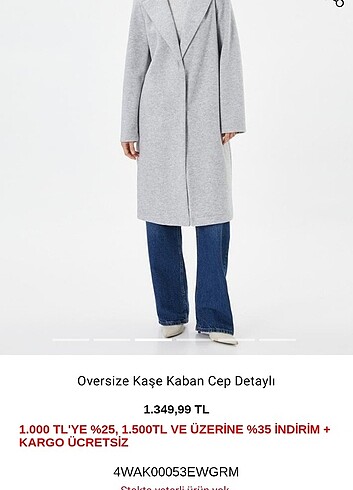 Koton Koton Gri oversize kaşe kaban