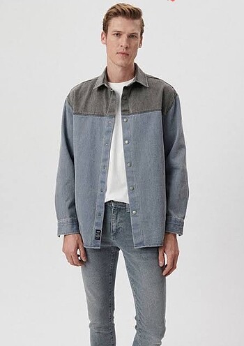 Mavi color block denim gömlek