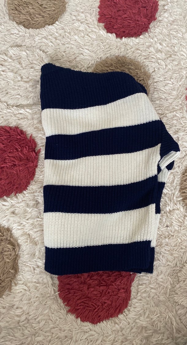 Lacivert Beyaz Çizgili Örgü Kadın Kazak - Görsel 3